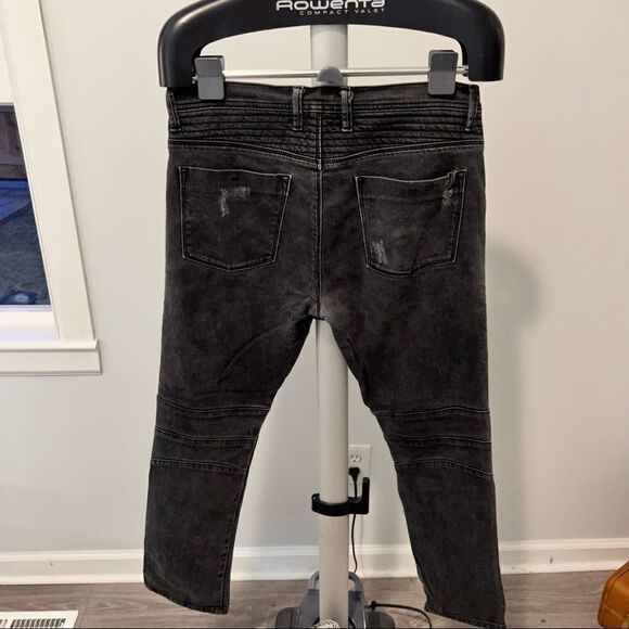 Gap + Stampd + GQ Size 33x30 Mens Black Moto Distressed Black Denim Jeans Button - Picture 7 of 9